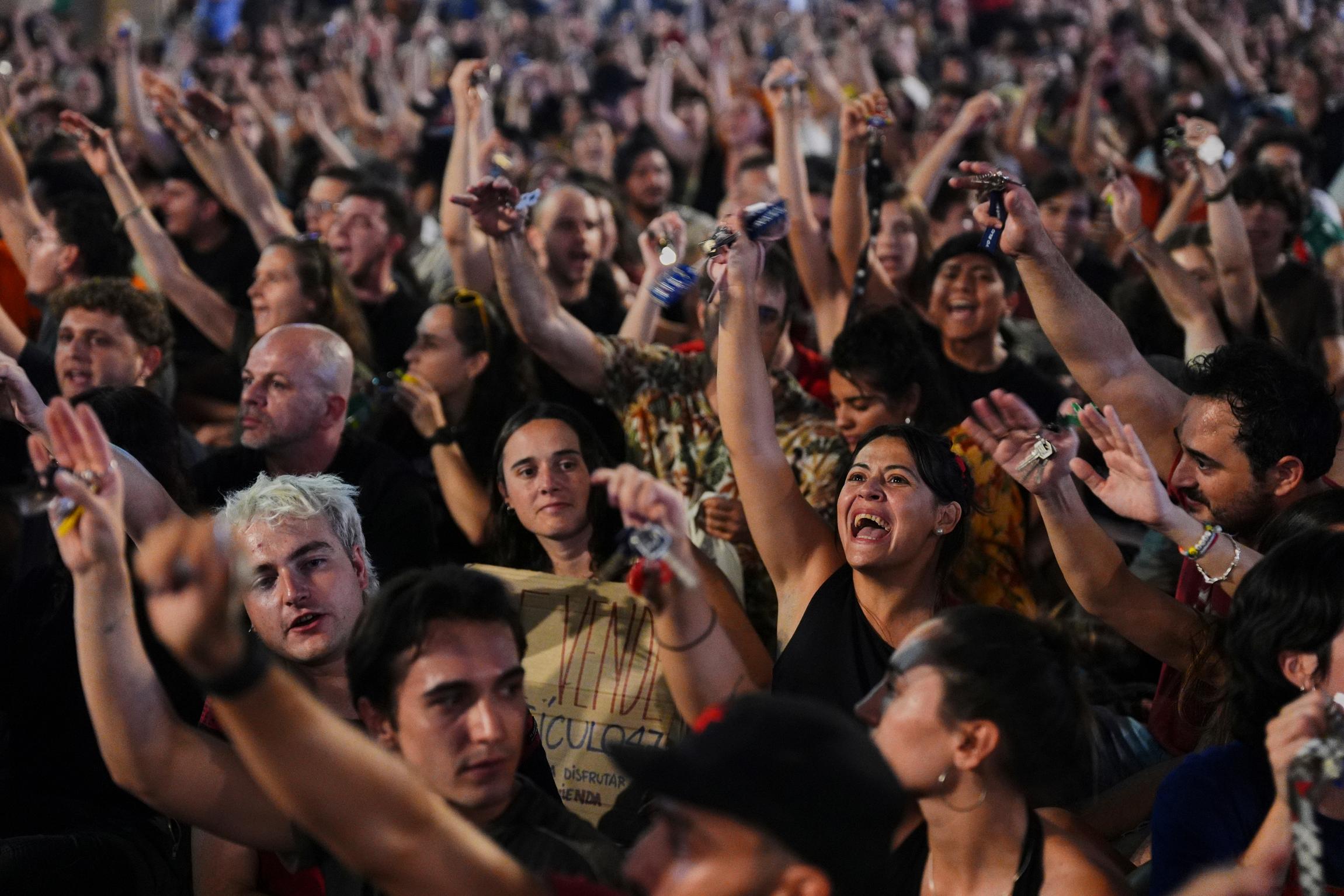 People gather during a protest following the eviction last Wednesday of 87-year-old Maricarmen to demand stronger laws to protect renters at Sol Square in Madrid, Spain, Saturday, September 26, 2026.