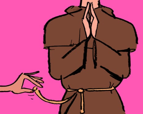 Cartoon of a female hand cheekily pulling open the rope belt of a monk with hands folded in prayer