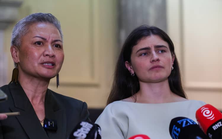 Green Party co-leaders Marama Davidson and Chlöe Swarbrick speak to media after Budget 2026.