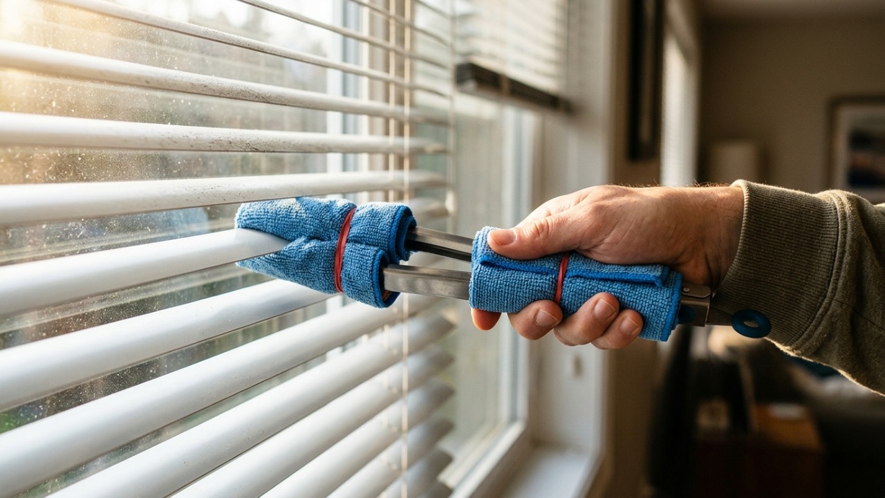 Pegador de macarrão vira limpador de persianas com invenção caseira que alcança os dois lados de uma vez