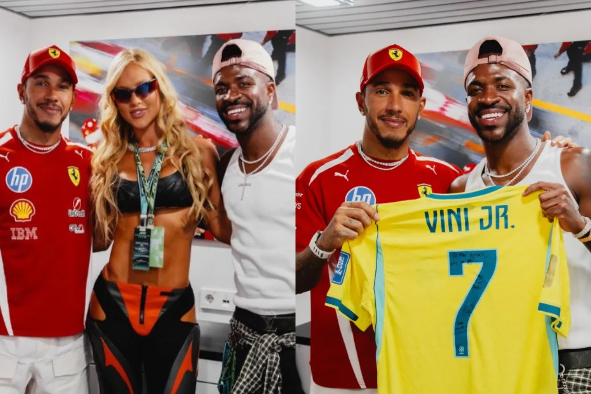 Lewis Hamilton posa com Vini Jr., mas ignora Virginia e gera reações