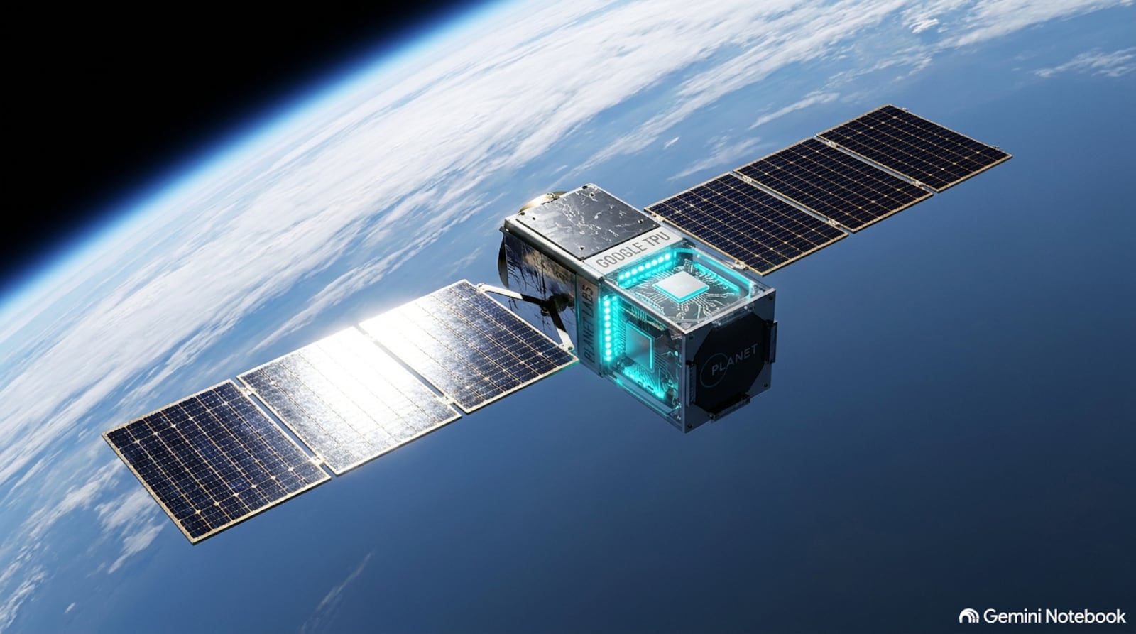 O Satélite em Órbita Baixa: Uma captura do protótipo em órbita com a Terra ao fundo, destacando os painéis solares e o módulo interno com as TPUs do Google em operação no espaço.