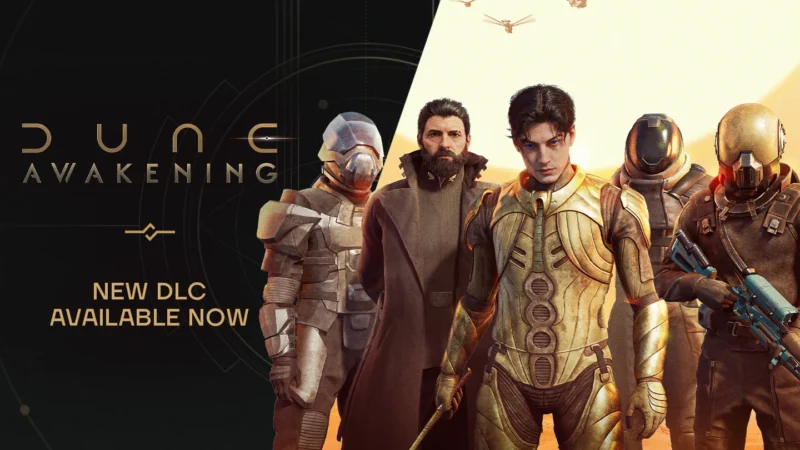 Dune: Awakening console launch key art showing Paul Atreides and Fremen warriors on Arrakis