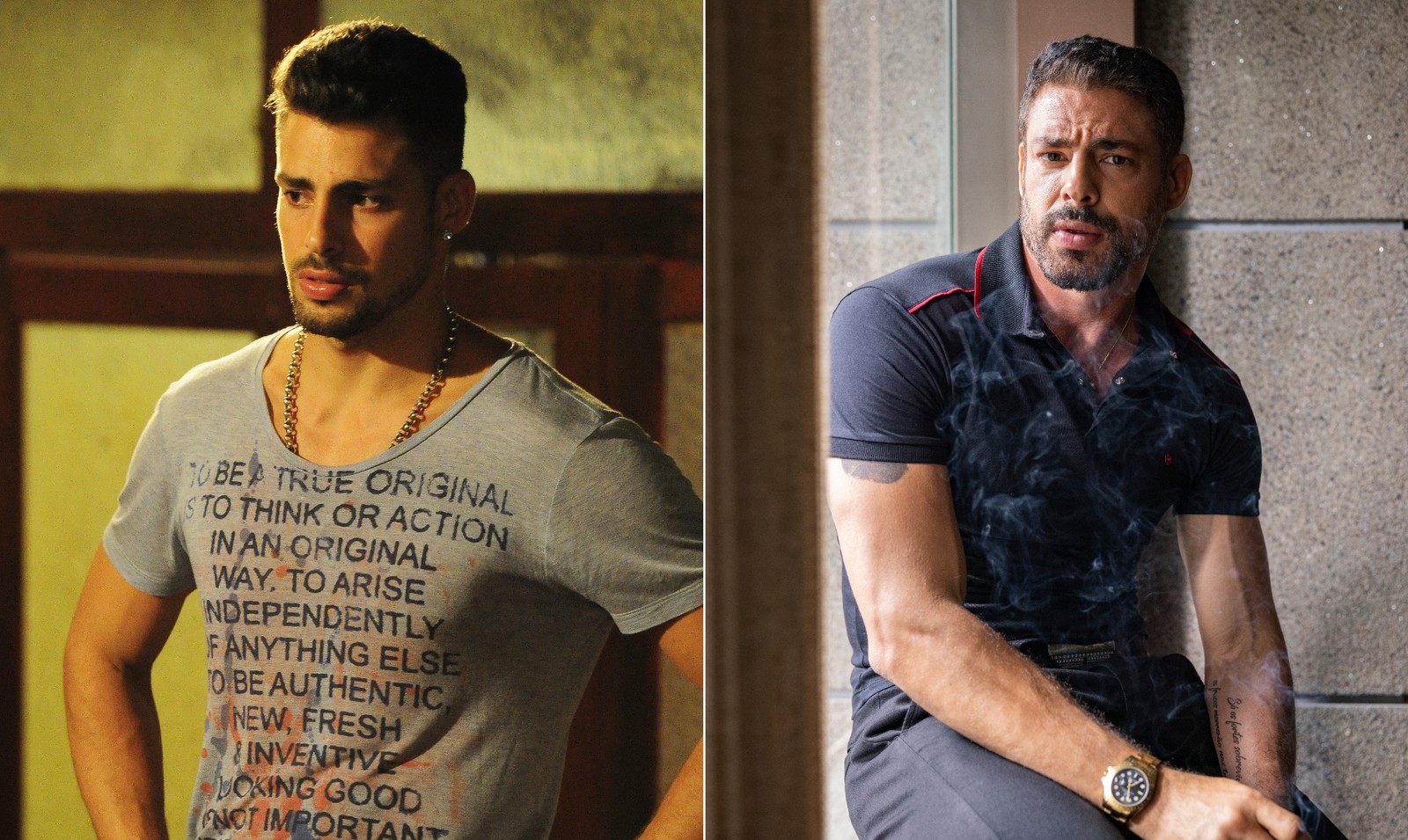 Cauã Reymond foi Jorginho, filho de Tufão, em 'Aveida Brasil'; em 2026, estrelou a série 'Jogada de risco', do Globoplay (à direita) — Foto: Divulgação TV Globo