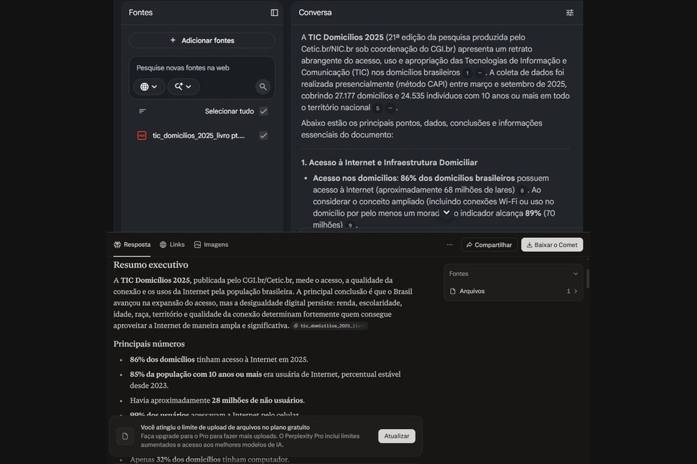 Resumo do mesmo PDF feito por Gemini Notebook (antigo NotebookLM) e Perplexity — Foto: Diedrich Bader/TechTudo
