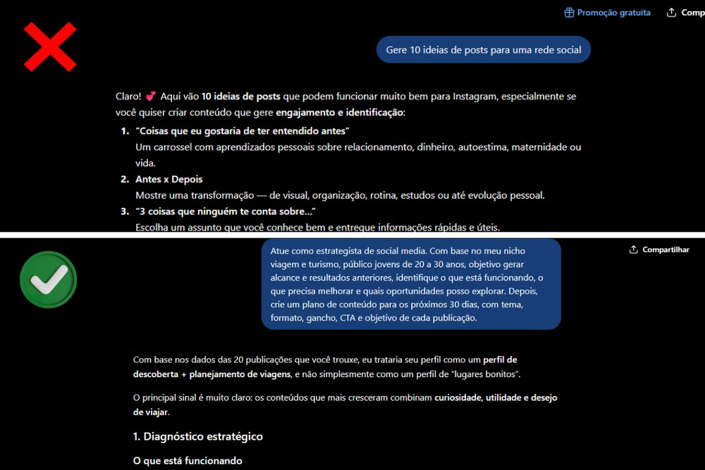 Confira a forma correta e incorreta de fornecer um comando para a IA — Foto: Reprodução/Gabriel Pereira