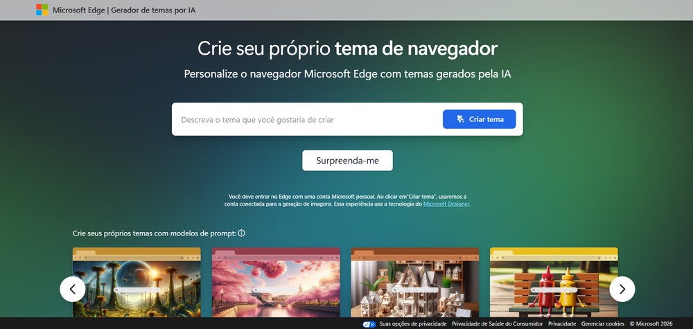 O Microsoft Edge também promete personalização do navegador com IA — Foto: Reprodução/Erika Martins (captura de tela da página do Microsoft Edge)