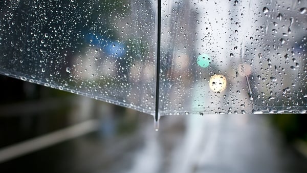 Transparent umbrella on rainy day.