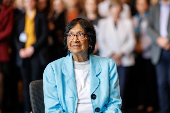 South African-born jurist and former UN human rights chief Navanethem ‘Navi’ Pillay, sits at the Nuremberg Forum in Nuremberg, Germany, Friday, following the announcement that she had been awarded the 2026 Nobel Peace Prize.