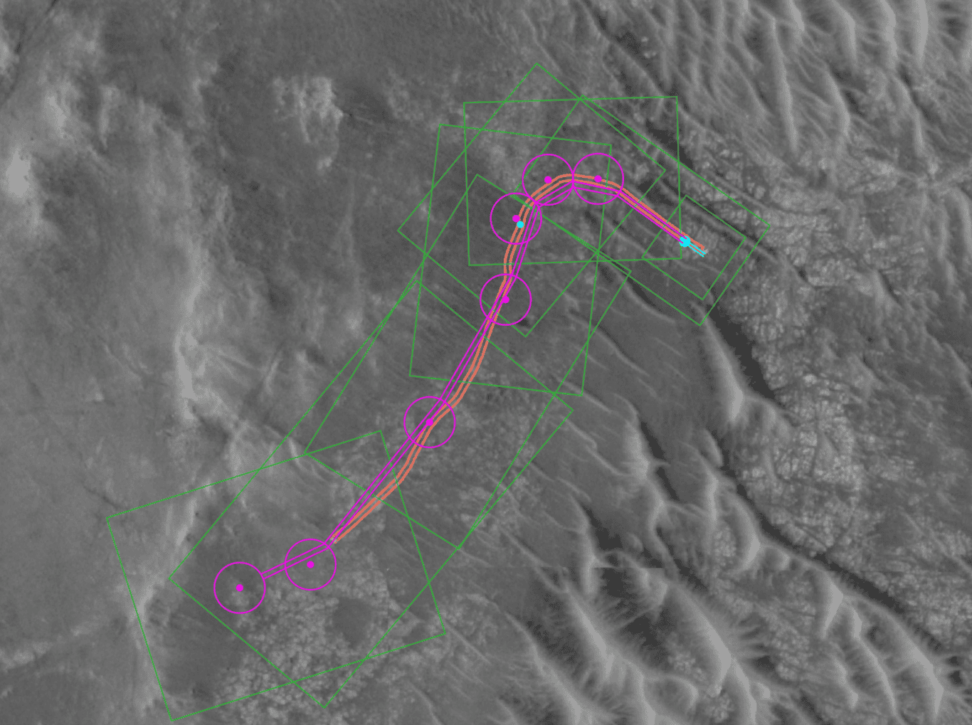 Imagem orbital anotada mostra as rotas planejadas por IA (em magenta) e as rotas reais (em laranja) percorridas pelo rover Perseverance em Marte em 10 de dezembro de 2025 na Cratera Jezero. Crédito: NASA/JPL-Caltech/UofA
