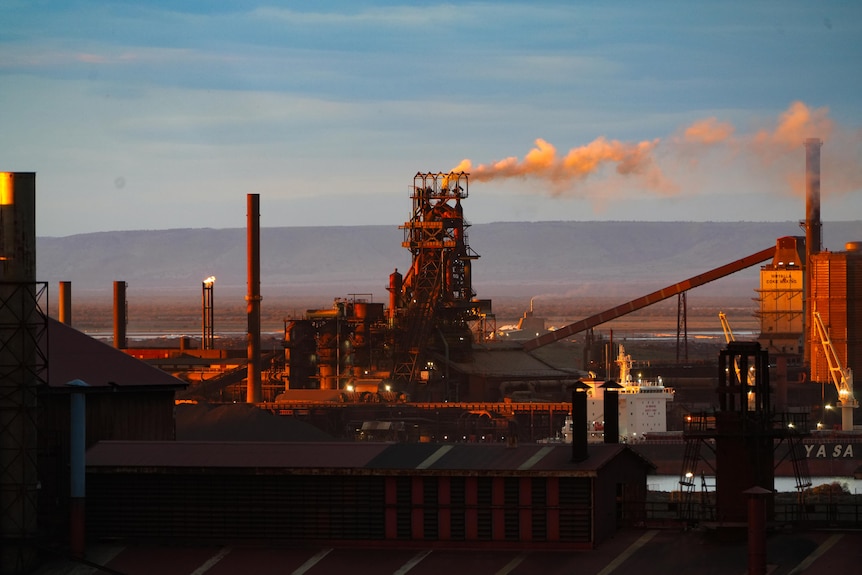 The blast furnace at the Whyalla steelworks emitting smoke during a shutdown.