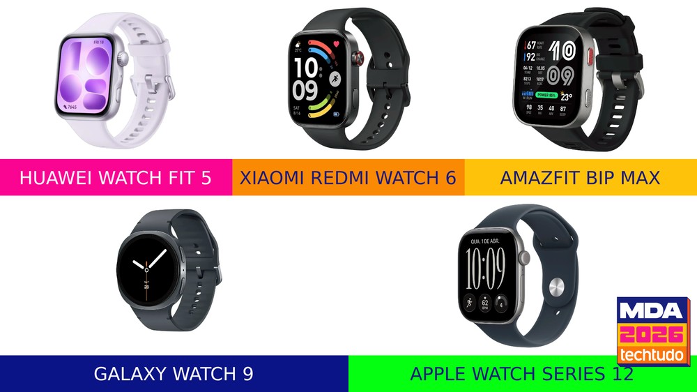 Finalistas para a categoria de Melhor Smartwatch para o MDA 2026 — Foto: Arte/TechTudo
