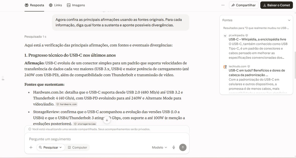 Verificação de fontes feita pelo Perplexity — Foto: Captura de tela / Eduarda Melo