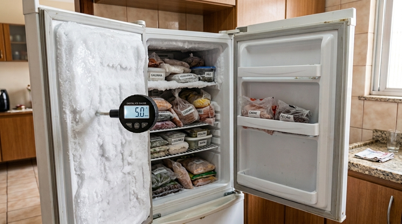 O freezer com 5 milímetros de gelo acumulado na parede interna passa a consumir cerca de 30% a mais de energia, e o degelo devolve o gasto ao patamar original