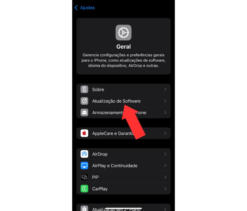 Atualização está disponível nos "Ajustes" do iPhone, se dispon — Foto: Reprodução/Mariana Tralback