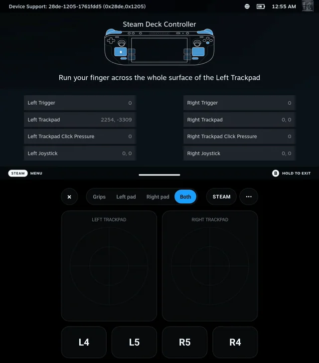 Steam Deck controller test reading trackpads on a dual-screen handheld