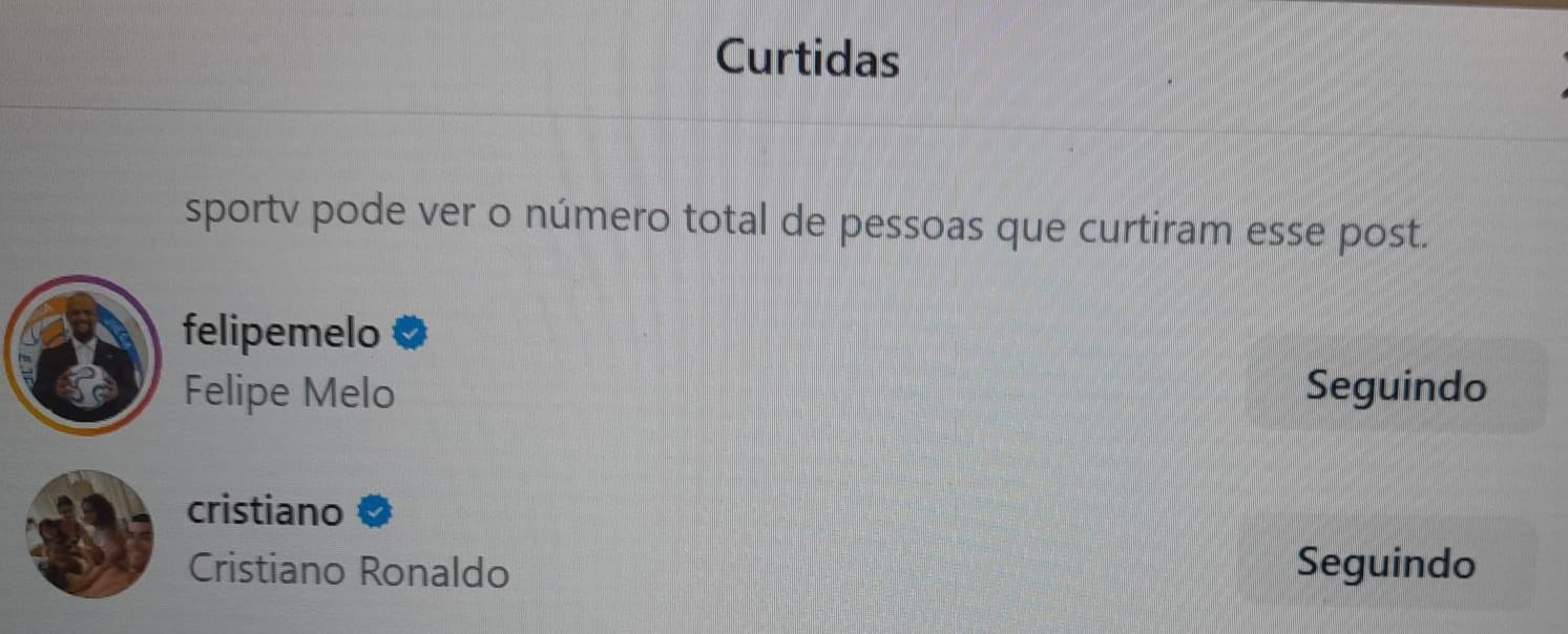"Curtida" de Cristiano Ronaldo em postagem com fala de Felipe Melo repercute em Portugal