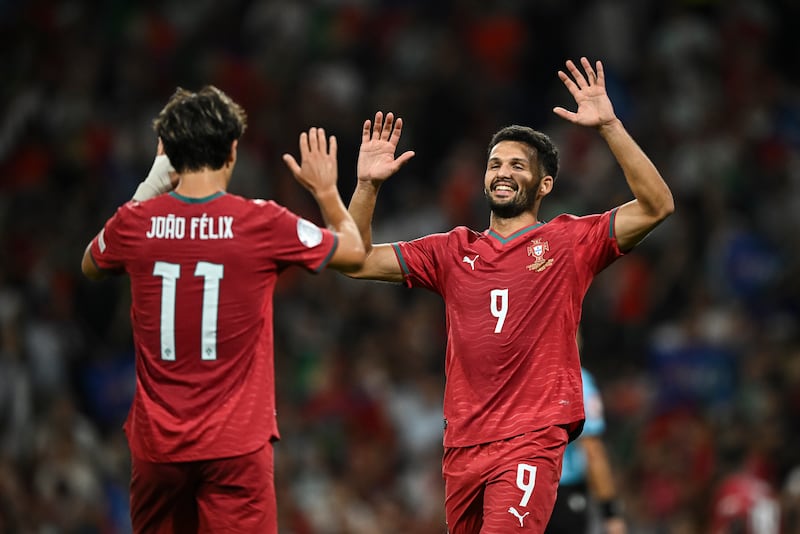 Goncalo Ramos of Portugal celebrates scoring against Norway at Estadio do Dragao. Getty Images