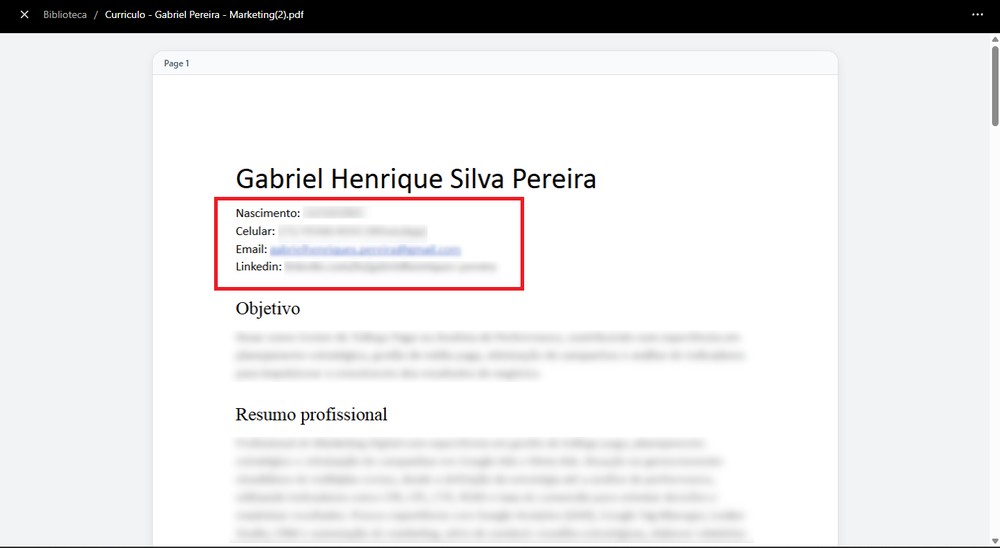 É necessário censurar dados sensíveis antes de enviar documentos como curriculos para uma IA — Foto: Reprodução/Gabriel Pereira